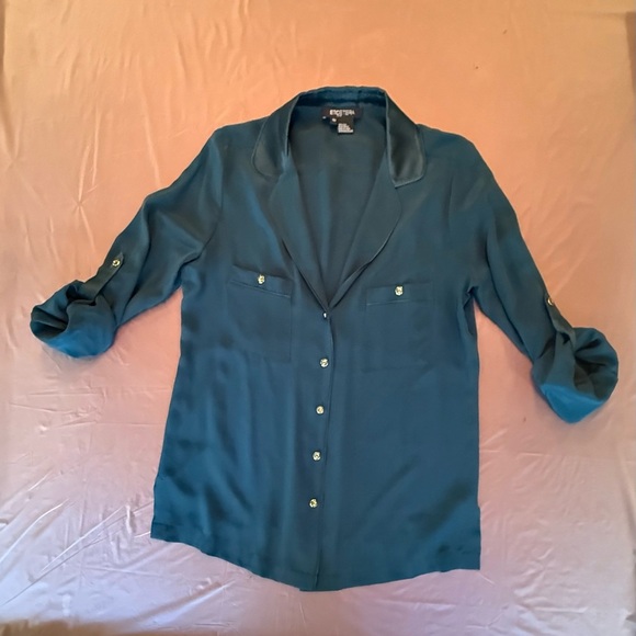 Etcetera by Carlisle Teal 100% Silk Button-Up Blouse Size 10/Medium MSRP $298 - Picture 5 of 13